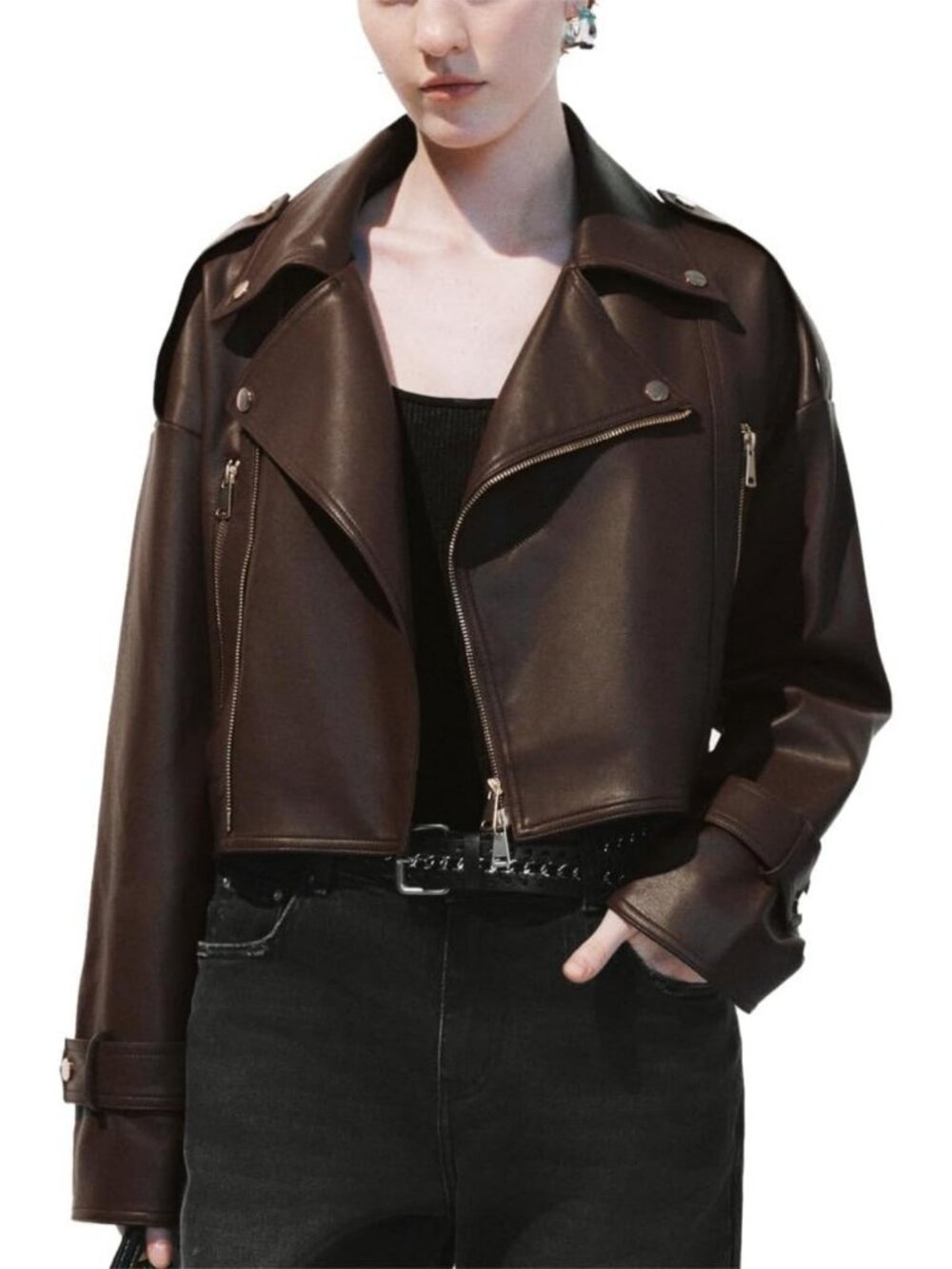 Brown Oversized Lapel Leather Jacket with Belt, Drop Shoulder Mid-Length Moto